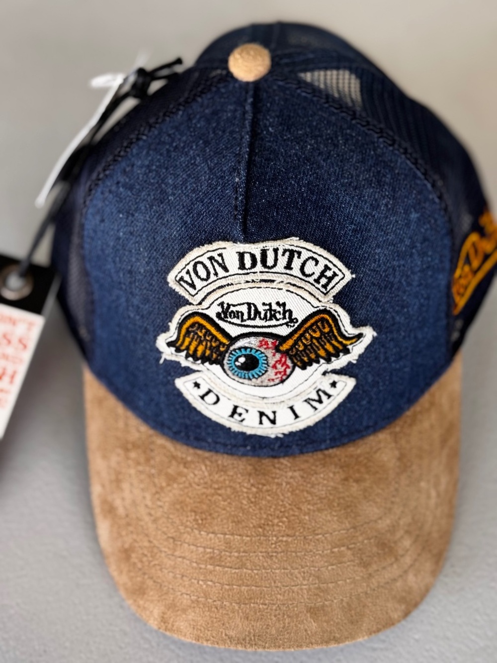 VON DUTCH DARK BLUE DENIM/KHAKI SUEDE TRUCKER HAT - NEW WITH TAGS